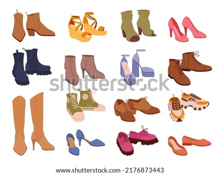 Cartoon footwear, modern shoes, boots, sneakers and clogs. Male and female fashion shoes, casual seasonal footwear vector symbols illustrations set. Fashionable shoe collection Foto stock © 