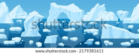 Cartoon arctic iceberg landscape, frozen ice seamless background. Winter snow ice view, cold blue glaciers landscape vector illustration. Antarctic ice panoram