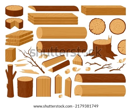 Cartoon wooden logs, tree trunks, planks, wood industry materials. Wood lumber branch, stacked woodwork planks and firewood vector illustration set. Wooden products collection