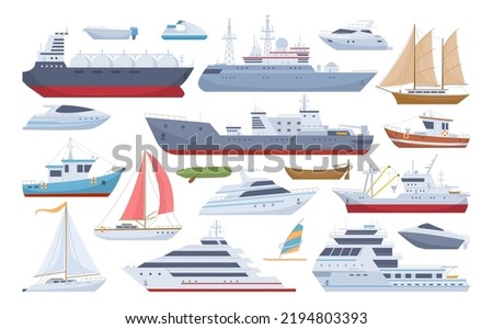 Cartoon sea ships, boats, yacht and cargo ship. Fishing boats, travel cruise and speed boat, water transportation flat vector illustrations set. Shipping boats collection