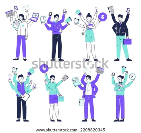 Multitasking office workers, productive business characters. Professional multitasking employees doing many things simultaneously flat vector illustration set. Juggle business people