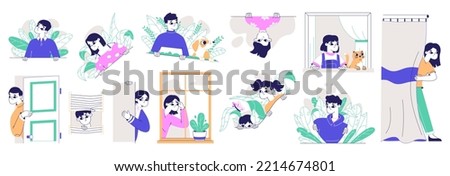 Peeping curious people, spying through window, searching characters. Men and women secretly looking out, spying observing around flat vector illustration collection. Curious persons monitoring set