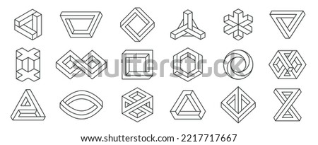 Optical illusion, unreal geometric elements. Impossible abstract linear shapes, visual delusion geometric figures flat vector illustrations collection. Unreal line figures set