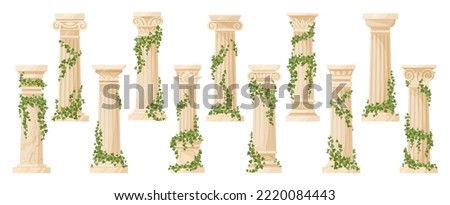 Cartoon ancient ivy-covered greek column. Ancient roman pillars with climbing ivy branches flat vector illustration set. Antique foliage decorated columns collection