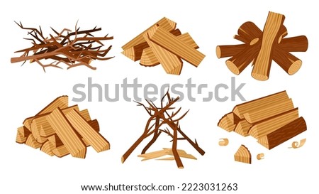 Cartoon wood campfire, wooden logs for camping bonfire. Fire wood, wood industry materials, stacked brushwood and firewood vector illustration set. Wooden fireplace collection