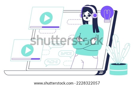 Studying web platform app, e-learning service, online school education. Teacher on gadget screen provide educational service, web class flat vector illustration on white background