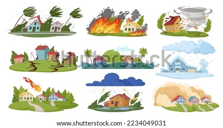 Natural disasters, cartoon damage catastrophe cataclysms. Hurricane, forest fire, flooding, earthquake and snow blizzard flat vector illustration set. Earth damage disaster collection