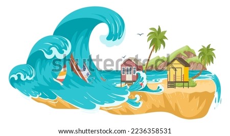 Cartoon tsunami natural disaster. Environment damage extreme huge ocean waves, washed away or flooded houses, natural cataclysm flat vector illustration on white background