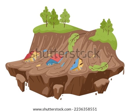 Cartoon mudflow, natural disaster. Landslide, mud stream with stones, washed away houses, mudflows extreme cataclysm disaster flat vector illustration on white background