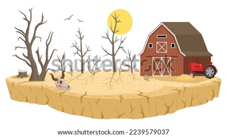 Cartoon barren lands, natural disaster. Drought land, dry farmlands soil with dead trees, barrenness and soil poverty flat vector illustration isolated on white background