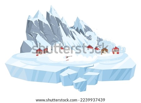 Cartoon snow avalanche natural disaster. Snowy mountains catastrophe, ice and snow descends on village houses, winter season cataclysm flat vector illustration on white background