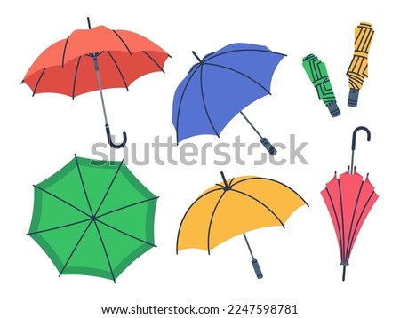 Cartoon umbrellas. Hand drawn open, close and folded umbrella, rainy seasonal parasols flat vector illustration set on white background
