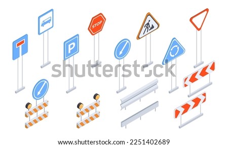 Isometric street road signs. City road signs and traffic signposts, urban city stop, parking and dead end signs 3d vector illustration set