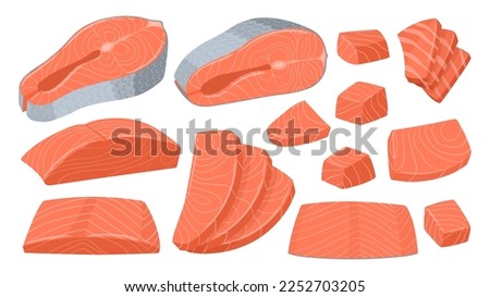 Cartoon sliced salmon. Red fish pieces, delicious sashimi slices, salmon steak and fillet flat vector illustration set. Salmon slices collection