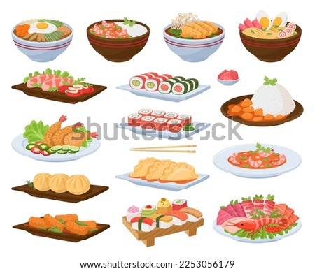 Cartoon asian food dishes. Japanese seafood, traditional asian cuisine, ramen soup, salmon, rice and tempura on plates flat vector illustration set. Tasty oriental seafood dish collection