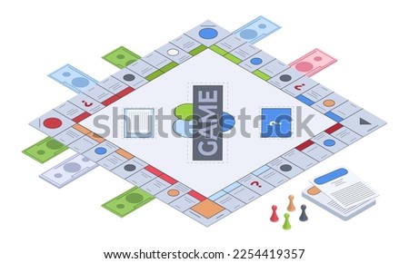 Isometric table game. Recreation 3d board gambling, monopoly game vector illustration on white background