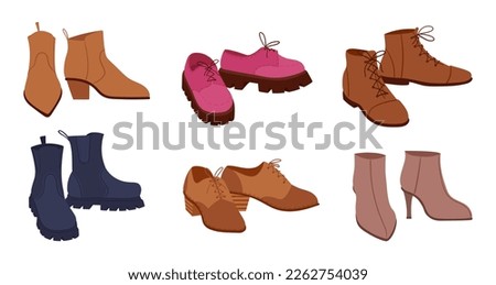 Cartoon female fashion shoes. Modern footwear, boots, ankle boots and brogues, casual women footwear flat vector illustrations set