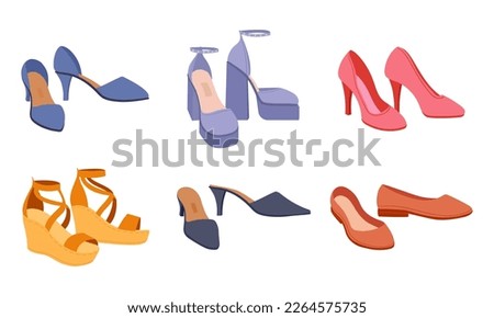 Summer female footwear. Cartoon modern shoes, heels, platform shoes and flats. Fashion shoes flat vector illustration set