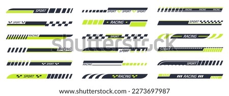 Sports racing stripes. Sports car, moto, boat stickers, striped vehicle tuning bars flat vector illustration set. Tuning racing sport decals Stockfoto © 