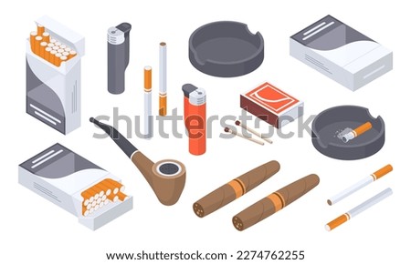 Isometric smoking accessories. Nicotine smoke, tobacco cigarettes, pipe, cigar, matches box and lighter 3d vector illustration collection