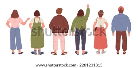 People back view. Male and female characters from behind, fashionable men and women back side position flat vector Illustration set. Human turned back