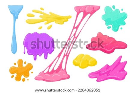 Cartoon sticky slime. Goo liquid slime splatters, mucus splashes. Jelly dripping spots flat vector illustration set