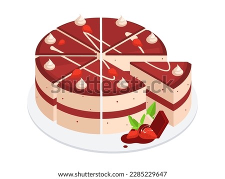 Isometric birthday cake slices. Chocolate cake cut into pieces, cake constructor 3d vector illustration. Festive birthday cake cut into parts