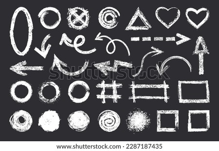 Chalk pencil elements. Grunge texture chalk brushes, hand drawn abstract shapes. Doodle rough charcoal brush flat vector symbols illustration set