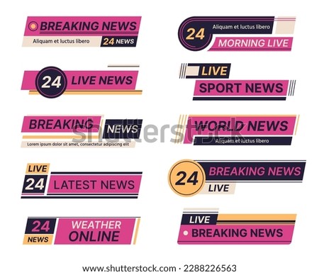 Breaking news bars. Live breaking news banners, TV broadcast screen symbols. Sport and weather news titles flat vector illustration set. News bars collection