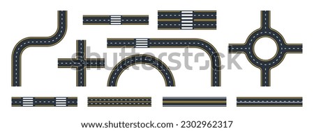 Highway street roads. City markings roads and crossroads, asphalt road twists and traffic circles flat vector illustration set