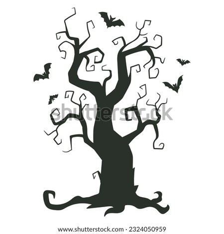 Halloween spooky tree. Cartoon horror tree and bats silhouette flat vector illustration. Creepy halloween tree