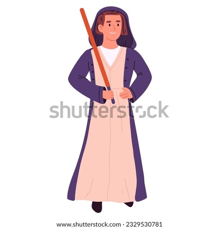 Halloween funny jedi costume. Young men wearing carnival masquerade costume flat vector illustration