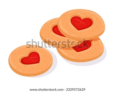 Cartoon cherry thumbprint cookies. Heart jam cookies with drop of jam. Heart linzer cookies for Valentine's day flat vector illustration