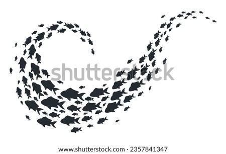 Exotic fish shoal. Cartoon tropical underwater fish swimming group, coral reef fauna shoal. Fish shoal silhouettes flat vector illustration