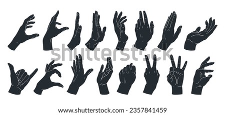 Hands gesture silhouettes. Cartoon human signs, peace, okay, call position. Hand palms gestures flat vector illustration set