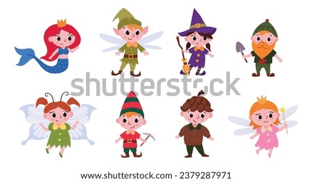 Cartoon fairytale characters. Fantasy mascots, cute gnome, mermaid and fairy flat vector illustration set. Fairy tale characters collection