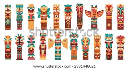 Ethnic tiki totems. Cartoon ritual hawaiian and african wooden statues, traditional carving sculptures, aboriginal culture indigenous pole totem flat vector illustration set. Native tiki figures