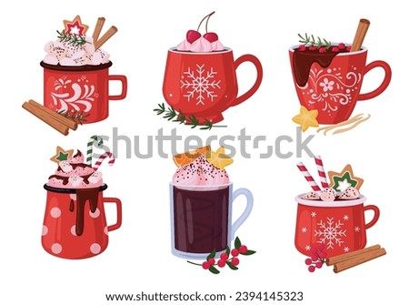 Christmas hot drink cups. Red xmas mug with hot cocoa and marshmallow with cinnamon sticks, winter holiday drinks flat vector illustration set. Xmas hot beverage cup collection