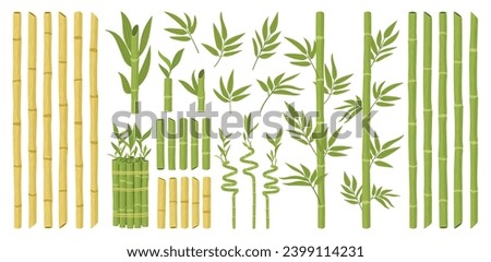 Cartoon bamboo. Asian forest plant with branches and leaves, green bamboo sprouts, Chinese or Japanese flora flat vector illustration set. Bamboo plant collection