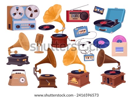 Cartoon retro music players. Vintage audio devices, old school vinyl player, gramophone, radio and vinyl record flat vector illustrations set. Antique music players collection