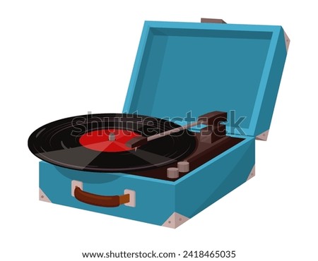 Record player with vinyl. Turntable vinyl record player, retro music audio device flat vector illustration. Analogue nostalgic music player