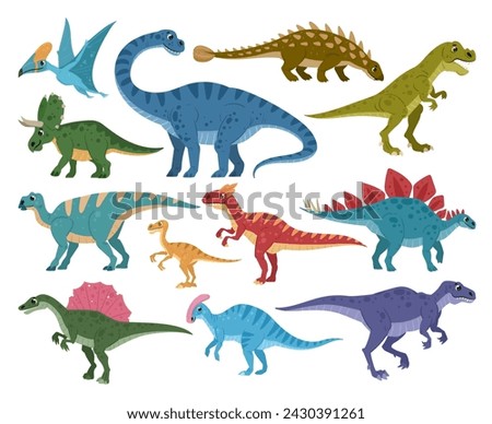 Dinosaurs set. Cartoon ancient reptiles, jurassic predators and herbivores, t rex, cute diplodocus, pterodactyl, brontosaurus flat vector illustration collection. Prehistoric dinos