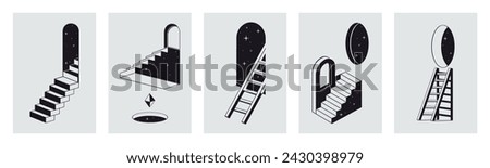 Geometric ladder posters. Abstract surreal stairs, modern 3d design cards, monochrome another dimension stairs flat vector backdrop illustration set. Surreal ladders backgrounds