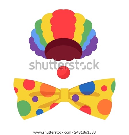 Clown costume elements. Funnyman Birthday party photo booth props, clown wig, nose and bow tie flat vector illustration set. Carnival party clown costume