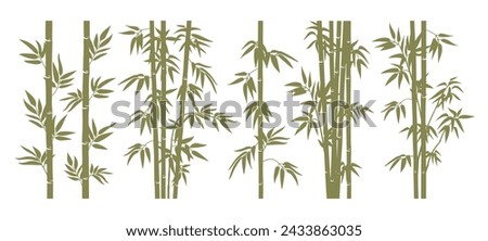 Green bamboo stems. Jungle forest silhouettes, bamboo branches with leaves, decorative bamboo shoots flat vector illustration set. Bamboo trees on white