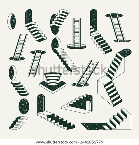 Geometric ladders. Monochrome abstract surreal stairs, minimal outline stairway elements flat vector illustration set. Minimal design staircases collection