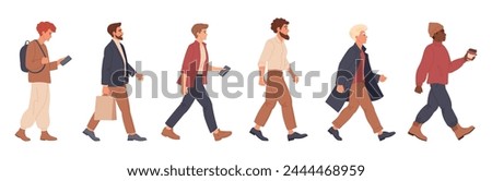 Walking men. Male characters going to office or walking, pedestrians walk, guys walk together flat vector illustration set. Stylish men group on walk