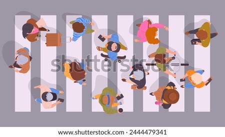 People on crosswalk top view. Pedestrians walking down the street view from above, male and female passersby crossing road flat vector illustration set. Characters crossing road top view