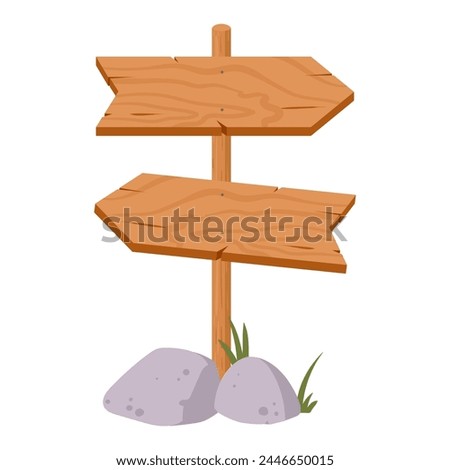 Wooden pathfinding sign. Arrow rustic sign boards, direction sign border flat isolated vector illustration. Wood sign board on white