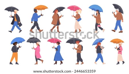 People walking under umbrella. Characters under rain with umbrellas, rainy season walking flat vector illustration set. Men and women walking under umbrella